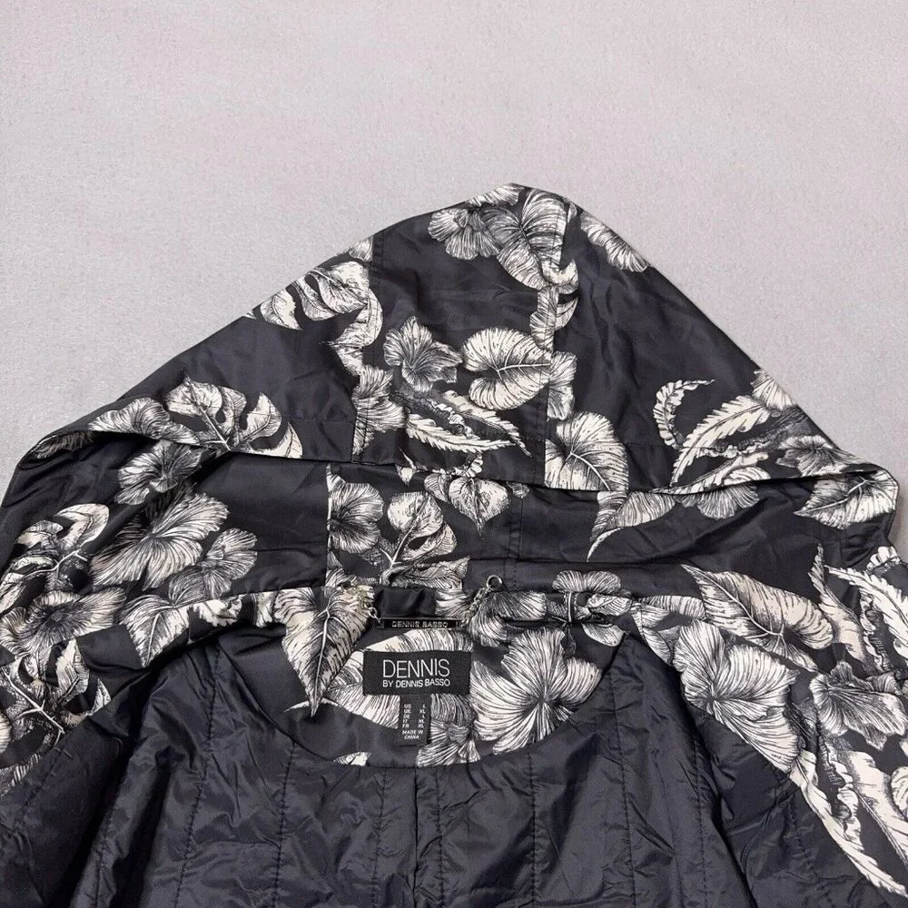 Dennis Basso Jacket Printed Floral Black White Water Resistant Hooded Ruffle Lg - Picture 12 of 16